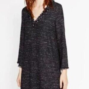 Zara Woman V-Neck Bell Sleeve Fringe Metallic Tweed Black Mini Dress, Medium
